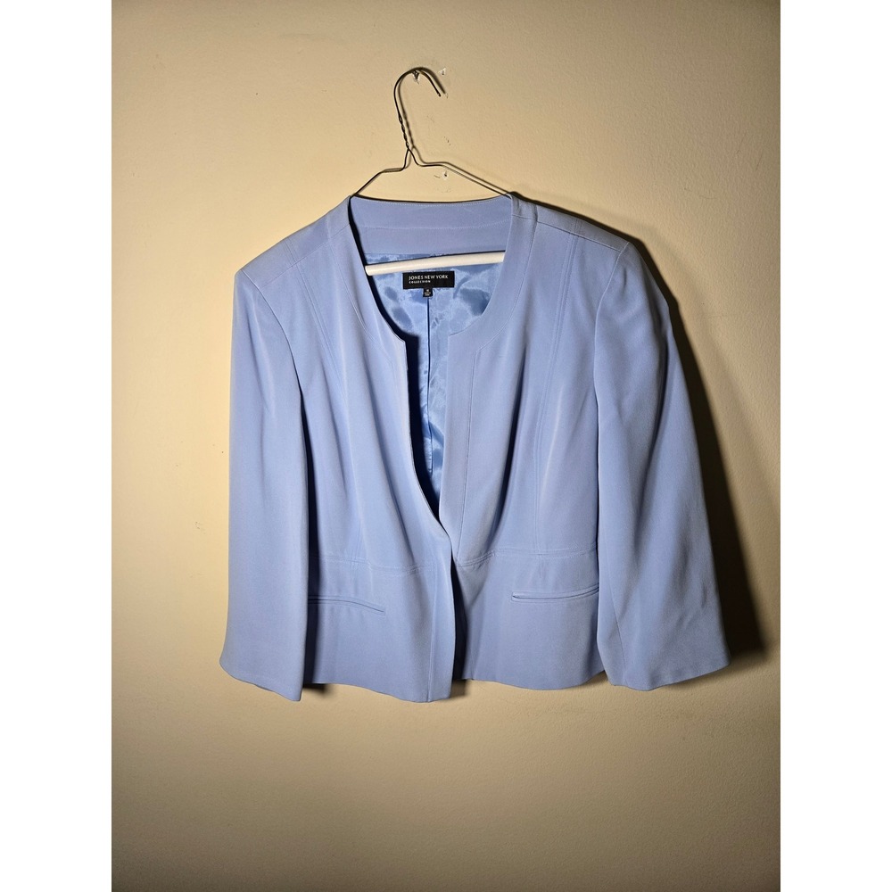 Jones New York Blazer Women 16 Light Blue Lovely Collarless Open Front 3/4 Slv